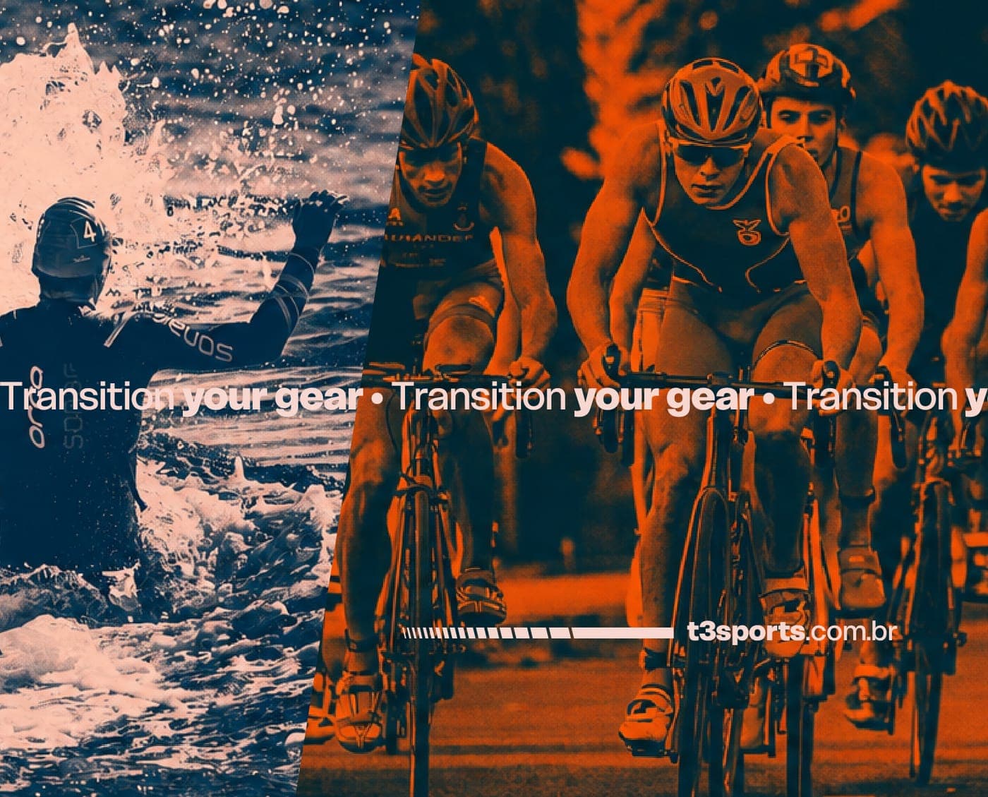 Natação e ciclismo em prova de triathlon, com o slogan Transition your gear impresso na arte
